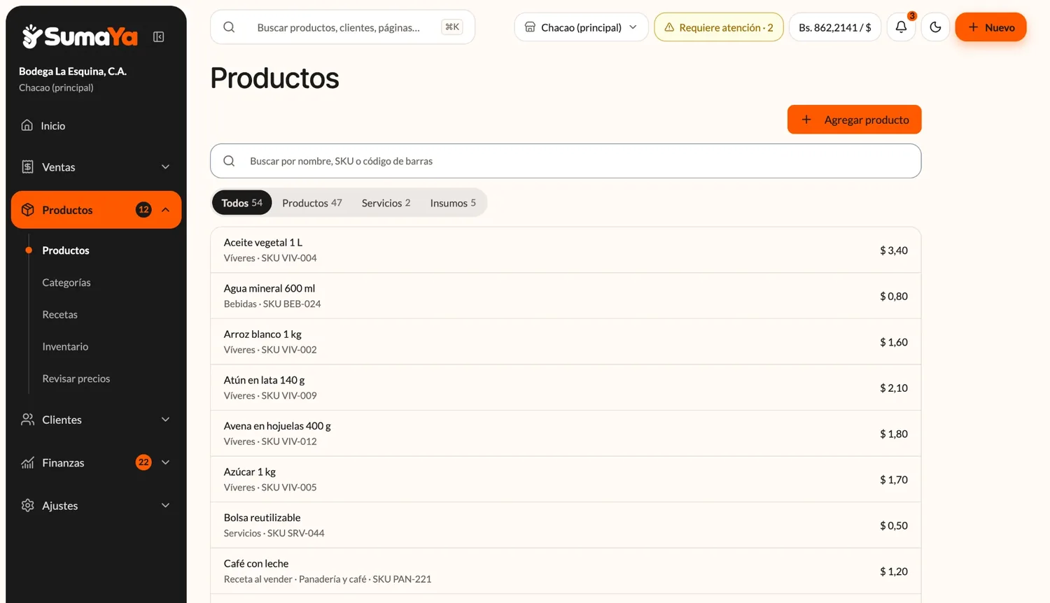 Pantalla de productos de SumaYa en una tableta: lista de productos con el precio de cada uno en dólares.