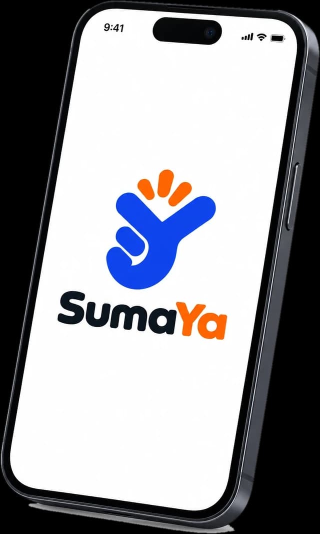 Teléfono con el logo de SumaYa en pantalla.