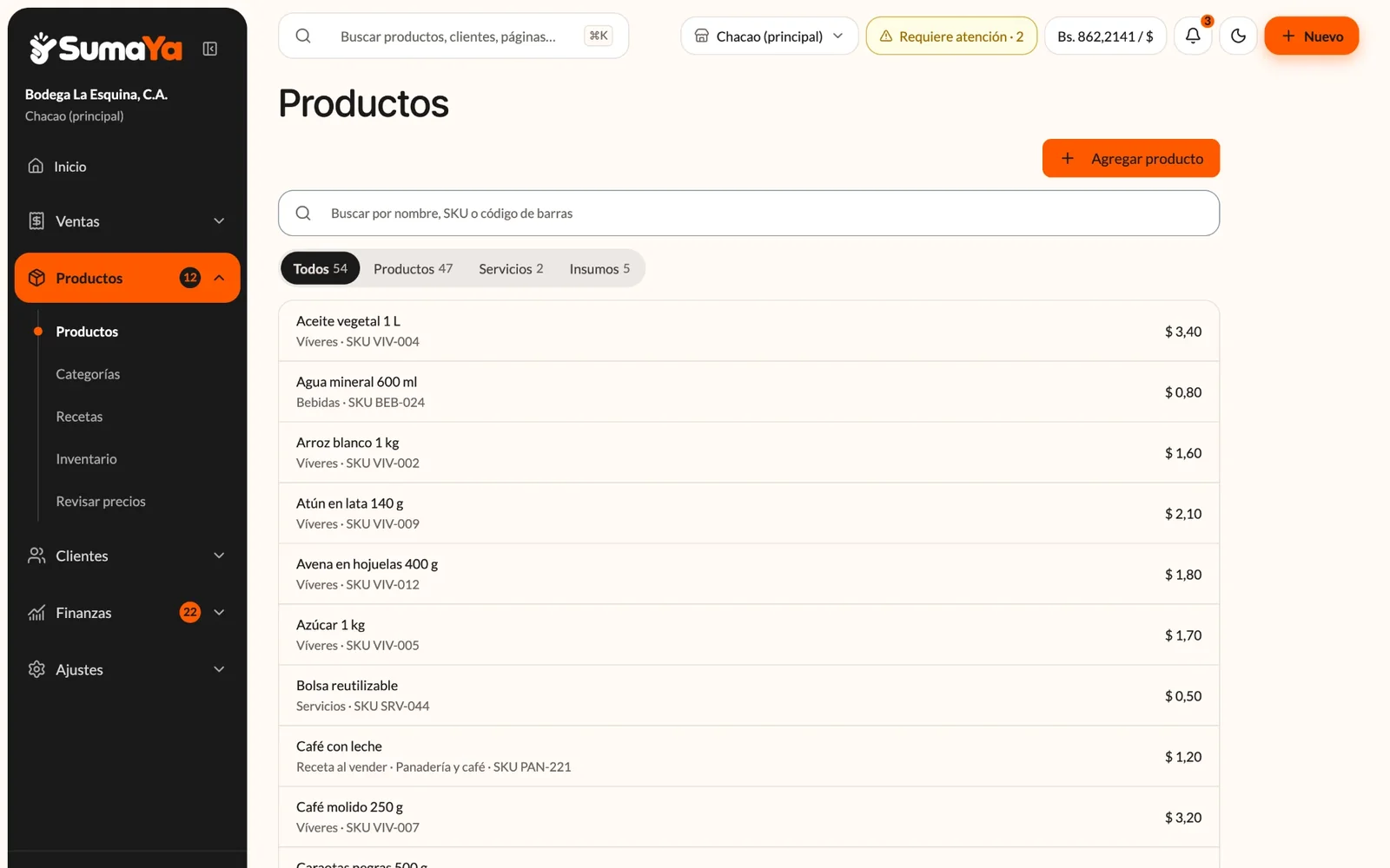 Pantalla Productos de SumaYa: lista de productos y servicios con su precio en dólares.