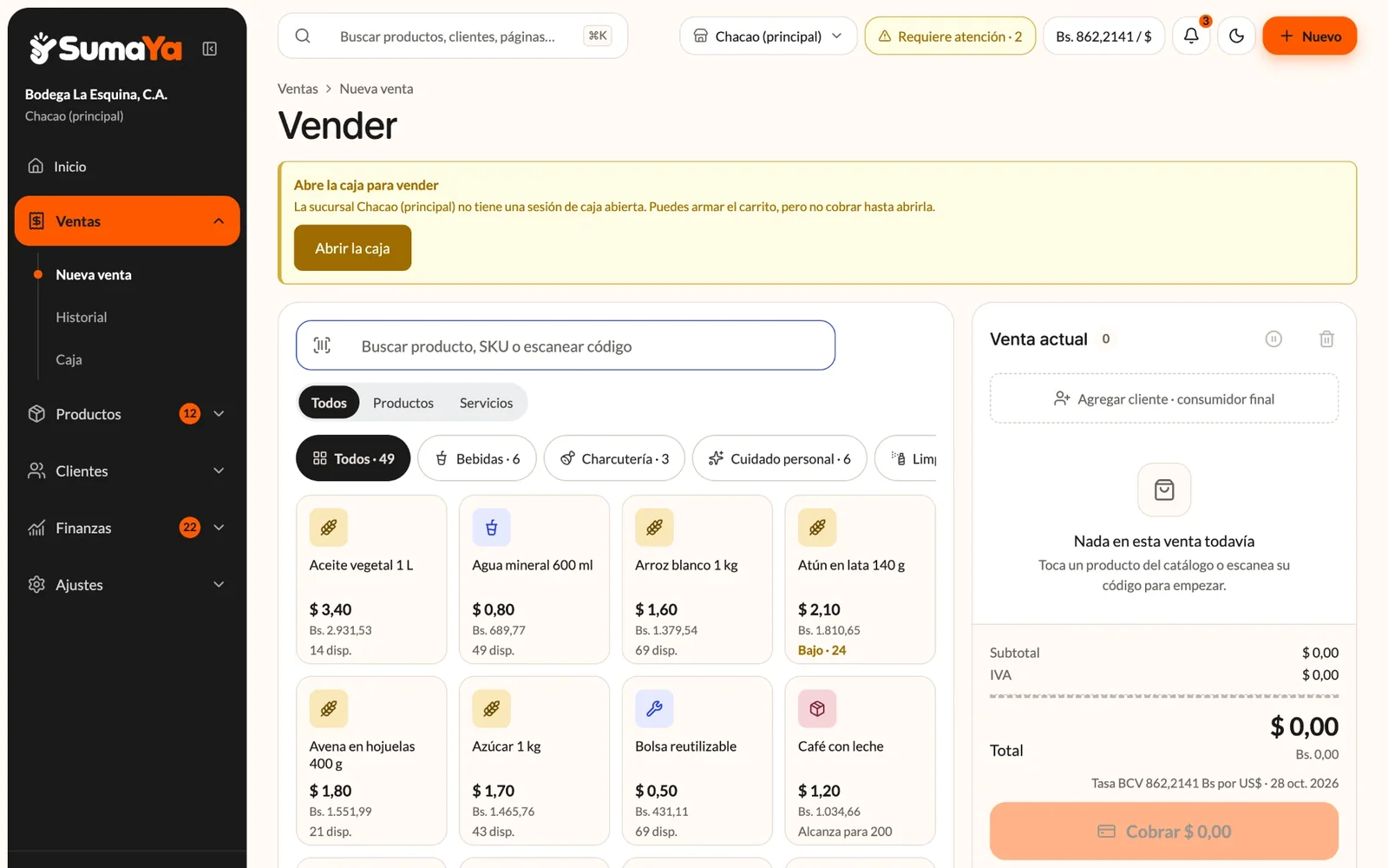 Pantalla Vender de SumaYa: buscador de productos, categorías, catálogo y la venta actual con el total.